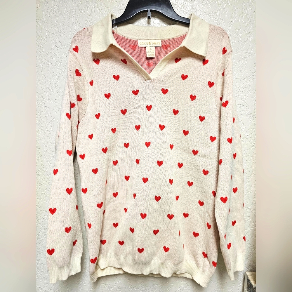 Coco and Shay 100% Polyester Pink Heart Collared Sweater 2XL